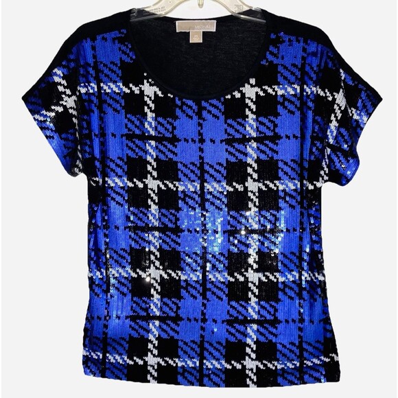 MICHAEL KORS XS Blue Sequin Window Pane Plaid Knit Top Black White Short Cap Slv - Picture 1 of 5